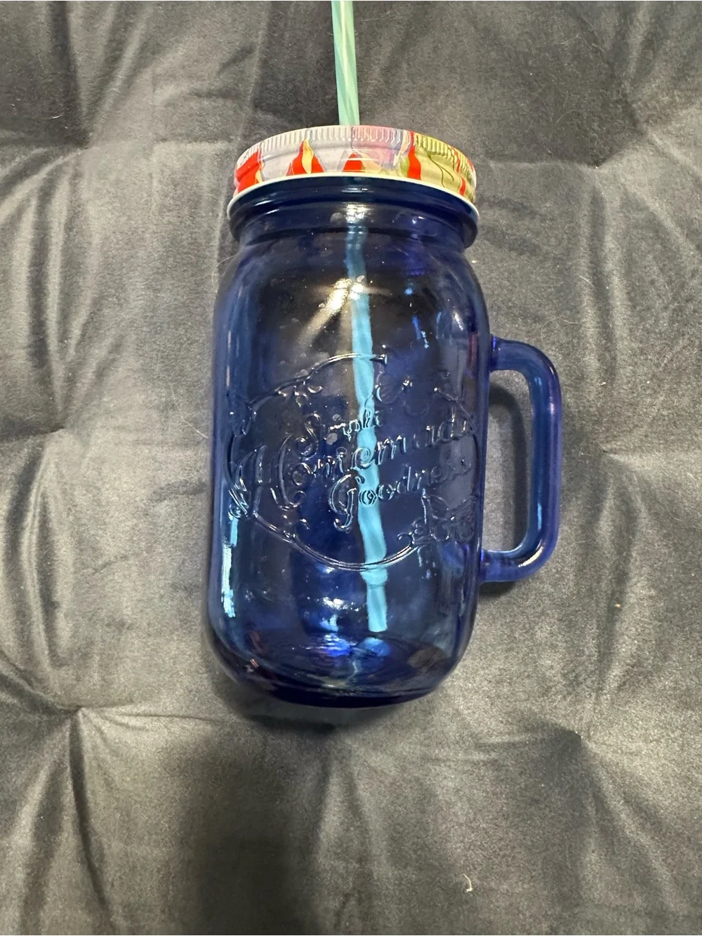 The Pioneer Woman Blue Glass Mason Jar Mug with Colorful Lid and Straw
